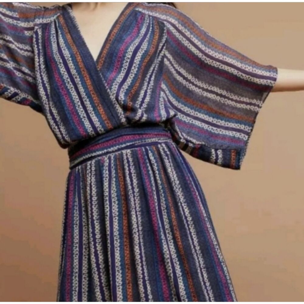 Anthropologie Maeve Siya Kimono Dress Blue Stripe Size 8 Medium Boho